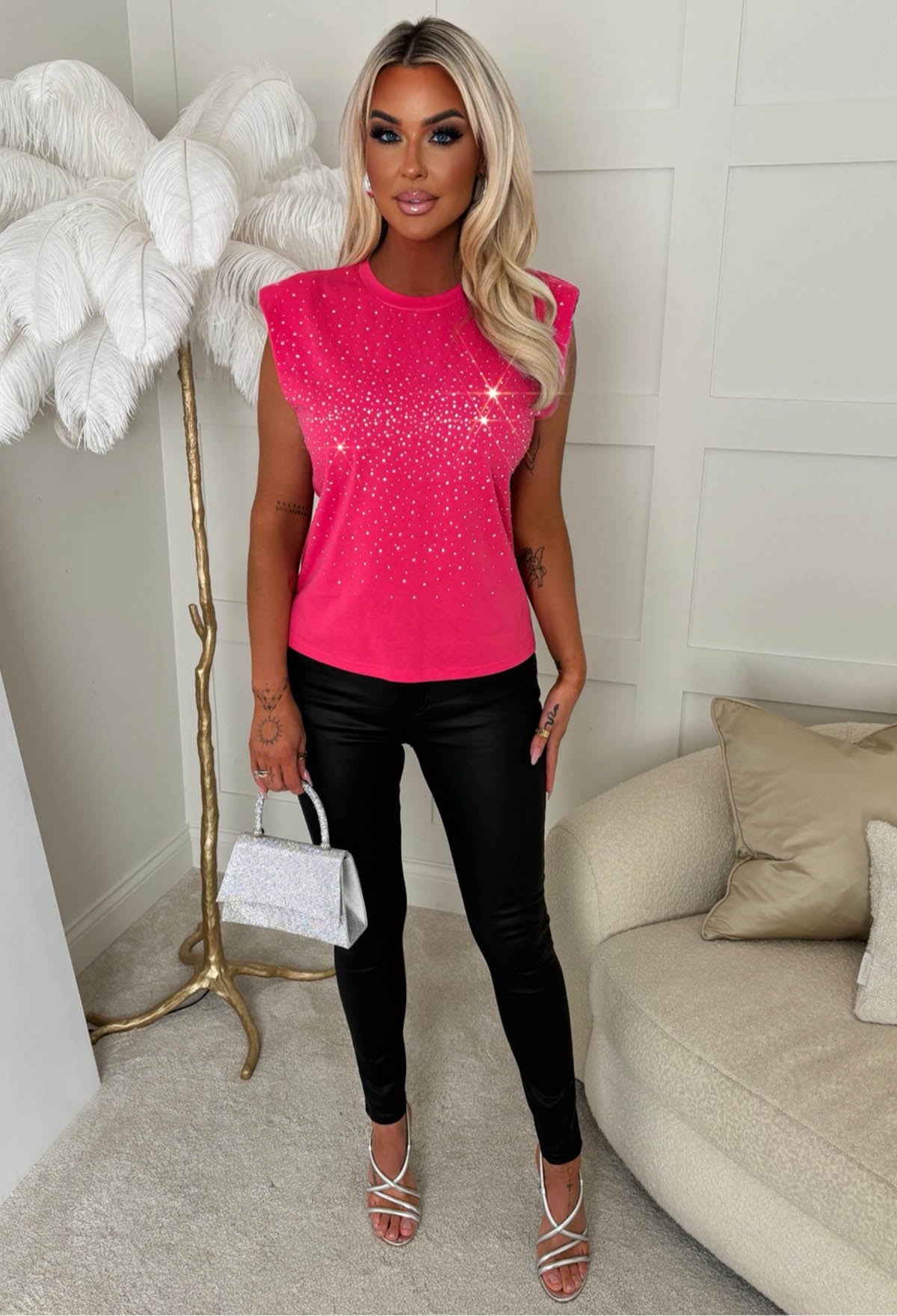 Yours Only Hot Pink Embellished Shoulder Pad T-Shirt