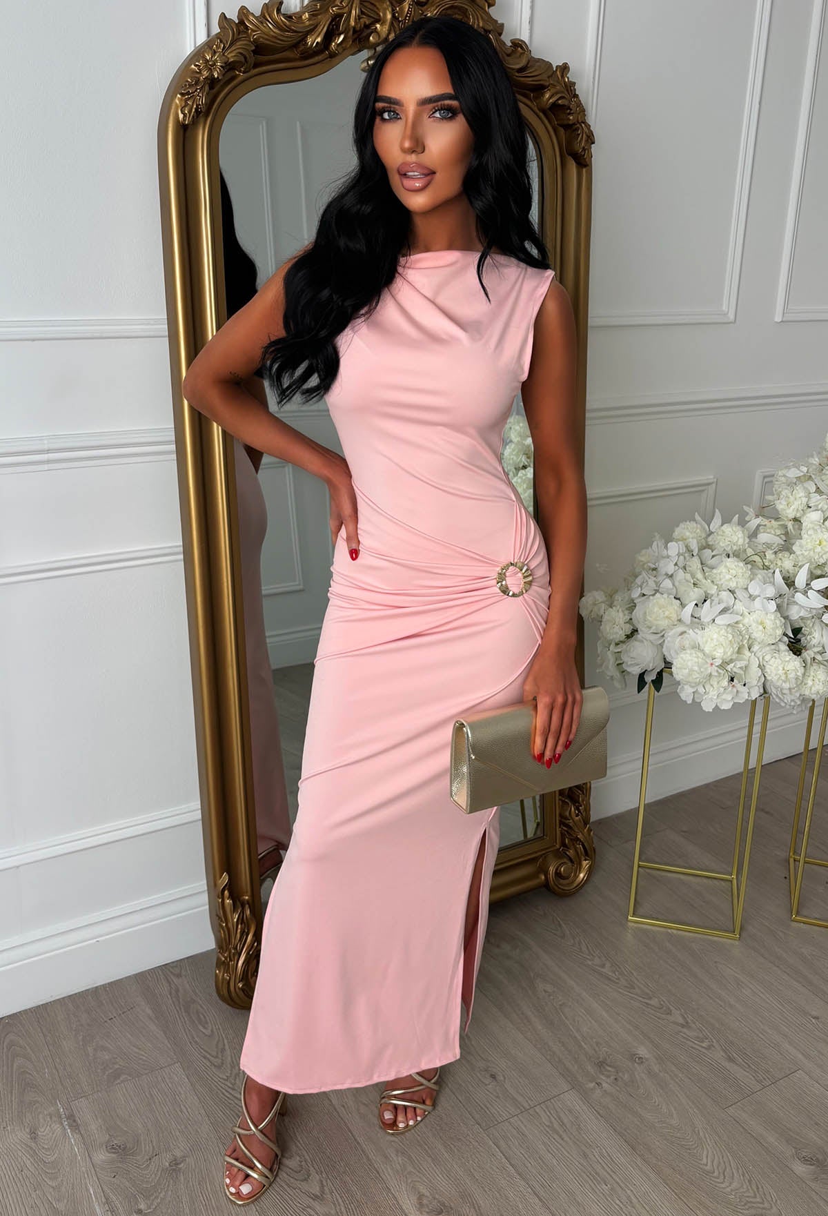 Zia Pink Slinky Ruched Maxi Dress