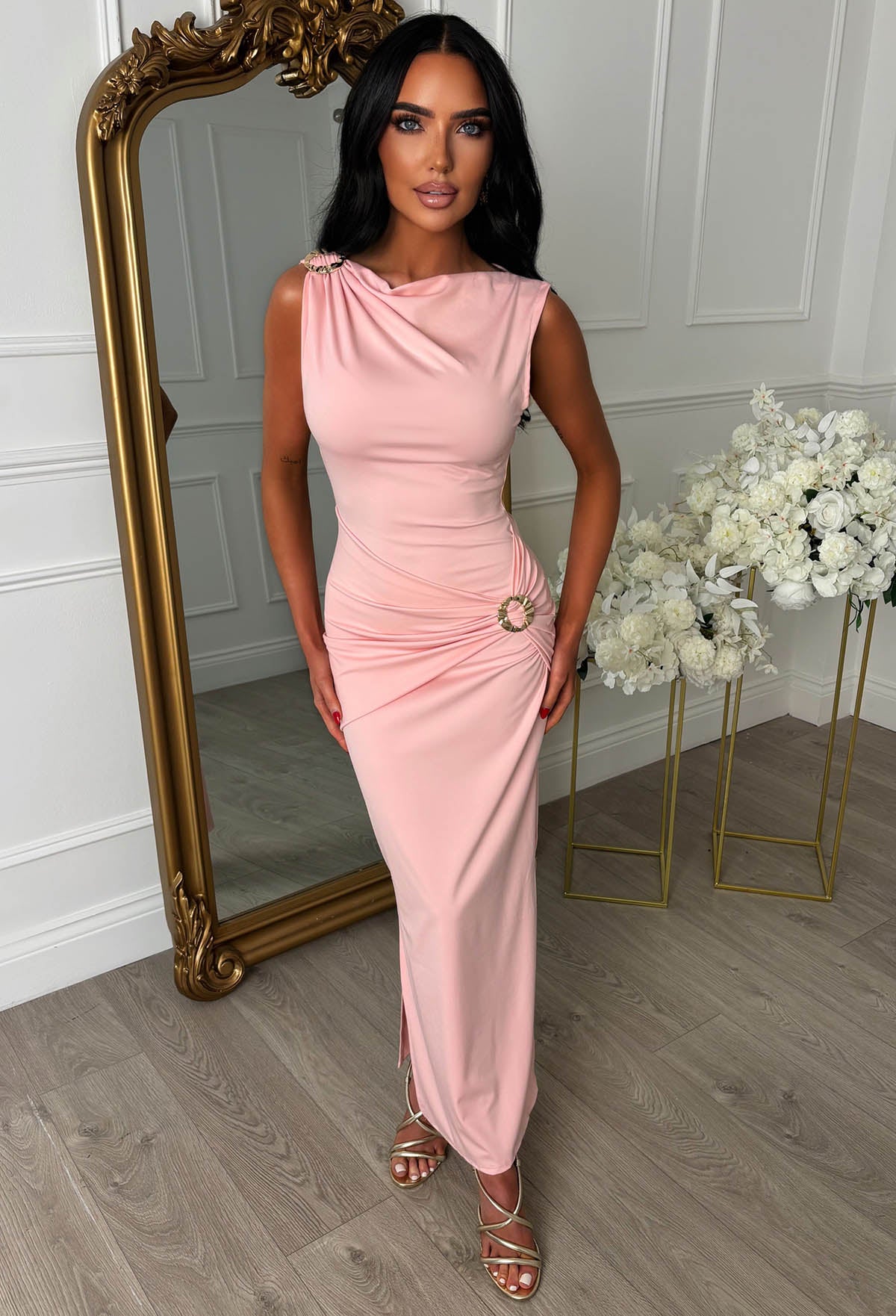 Zia Pink Slinky Ruched Maxi Dress