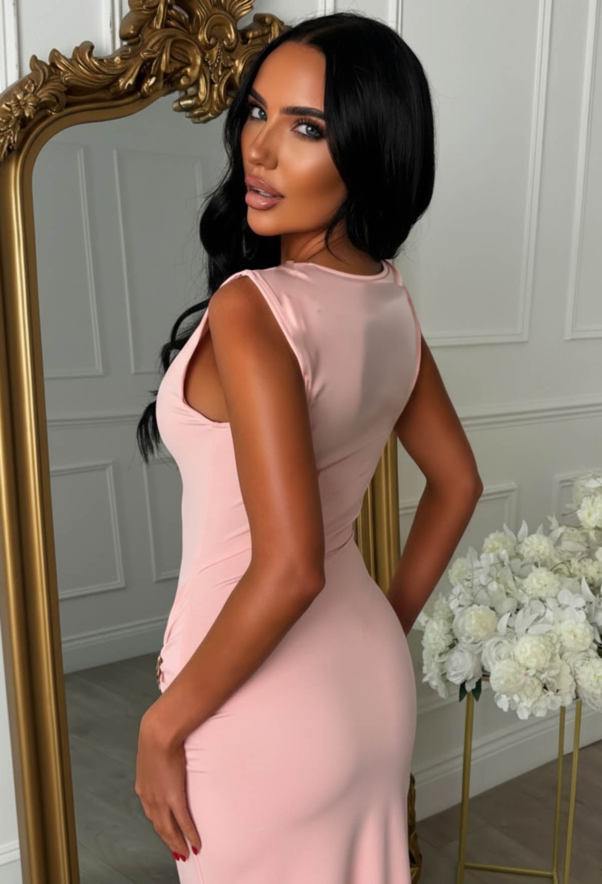 Zia Pink Slinky Ruched Maxi Dress