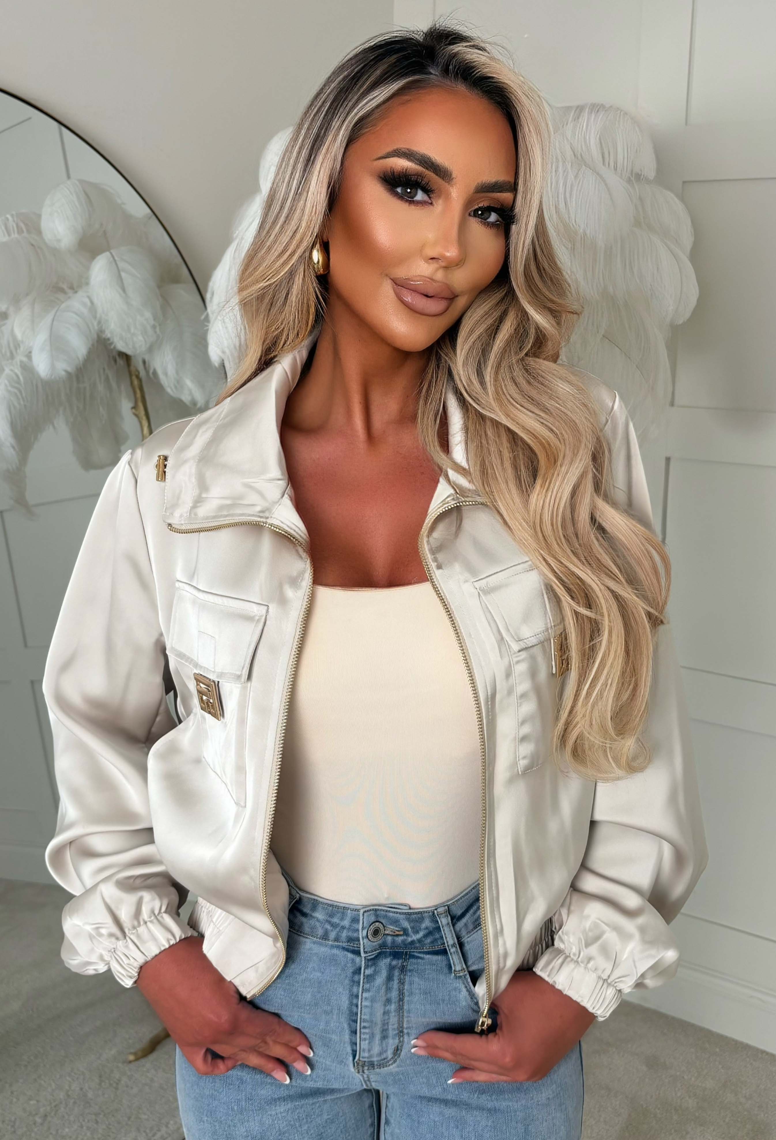 Zyla Cream Satin Hardware Jacket