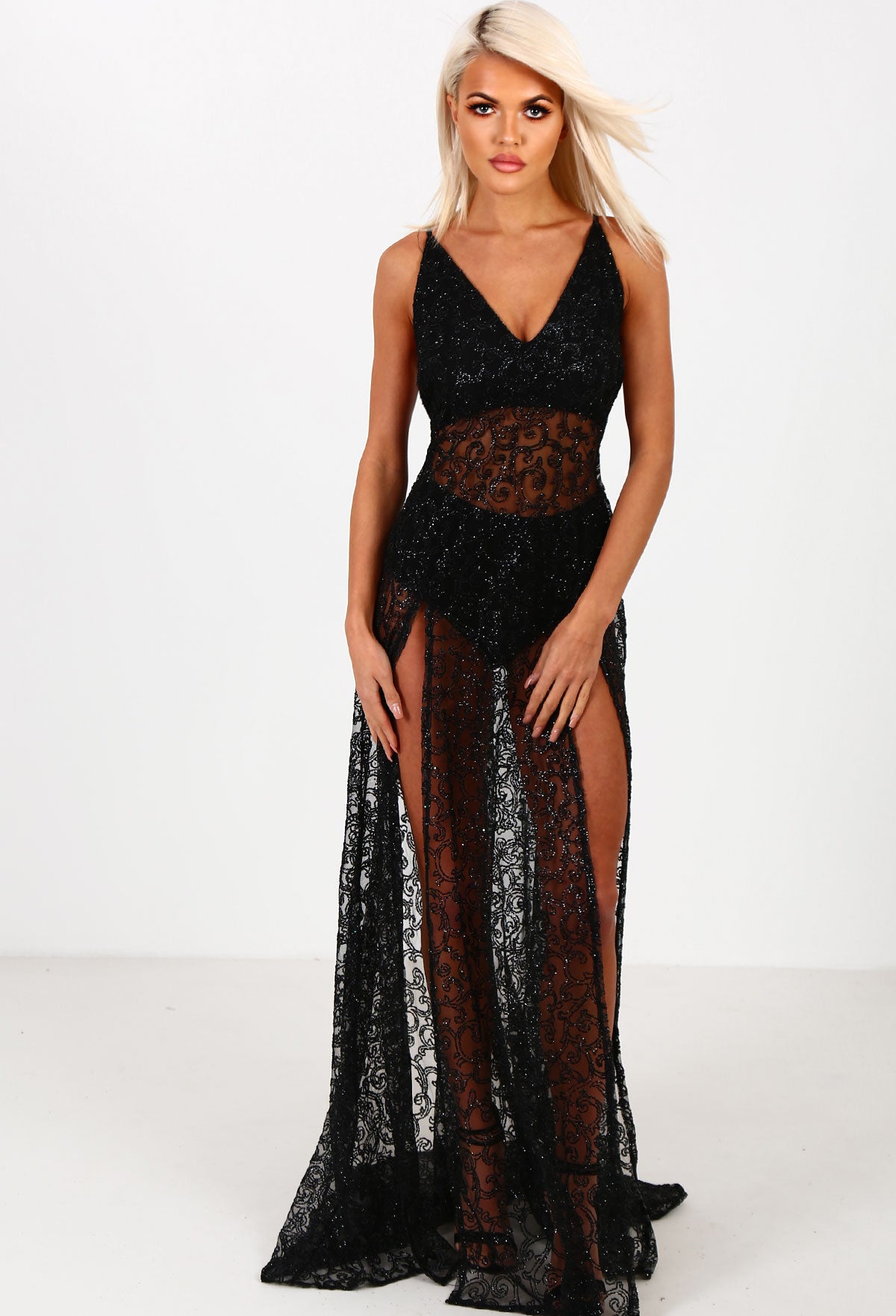 Dare To Bare Black Sheer Double Split Glitter Maxi Dress