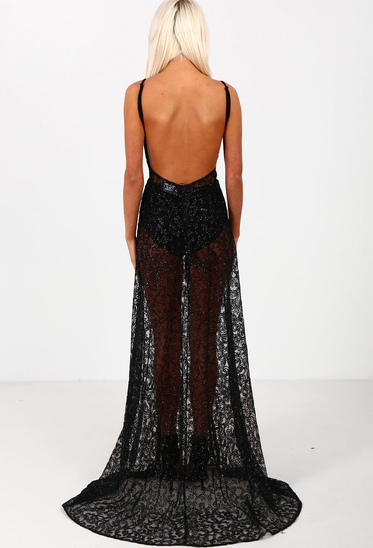 Dare To Bare Black Sheer Double Split Glitter Maxi Dress