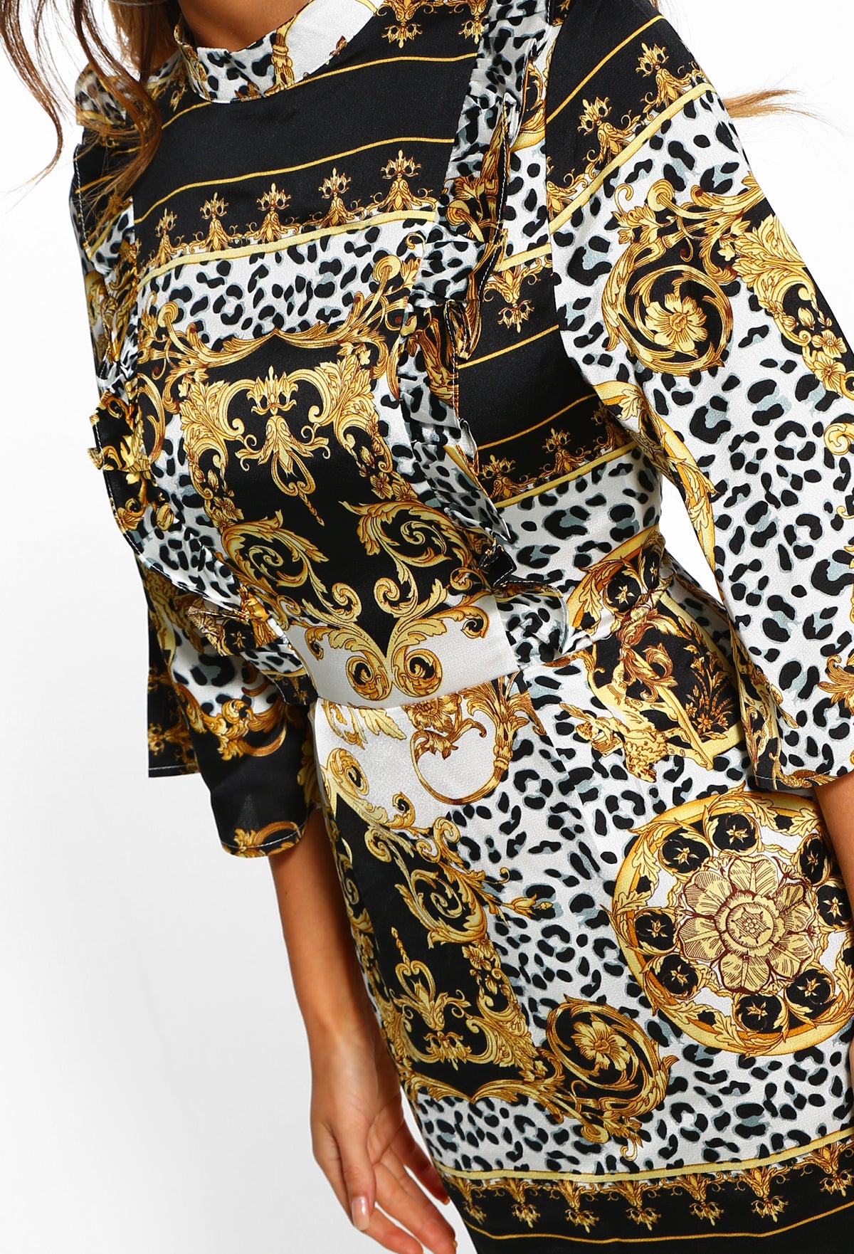 Multi Printed Frill Mini Dress - Detail Closeup