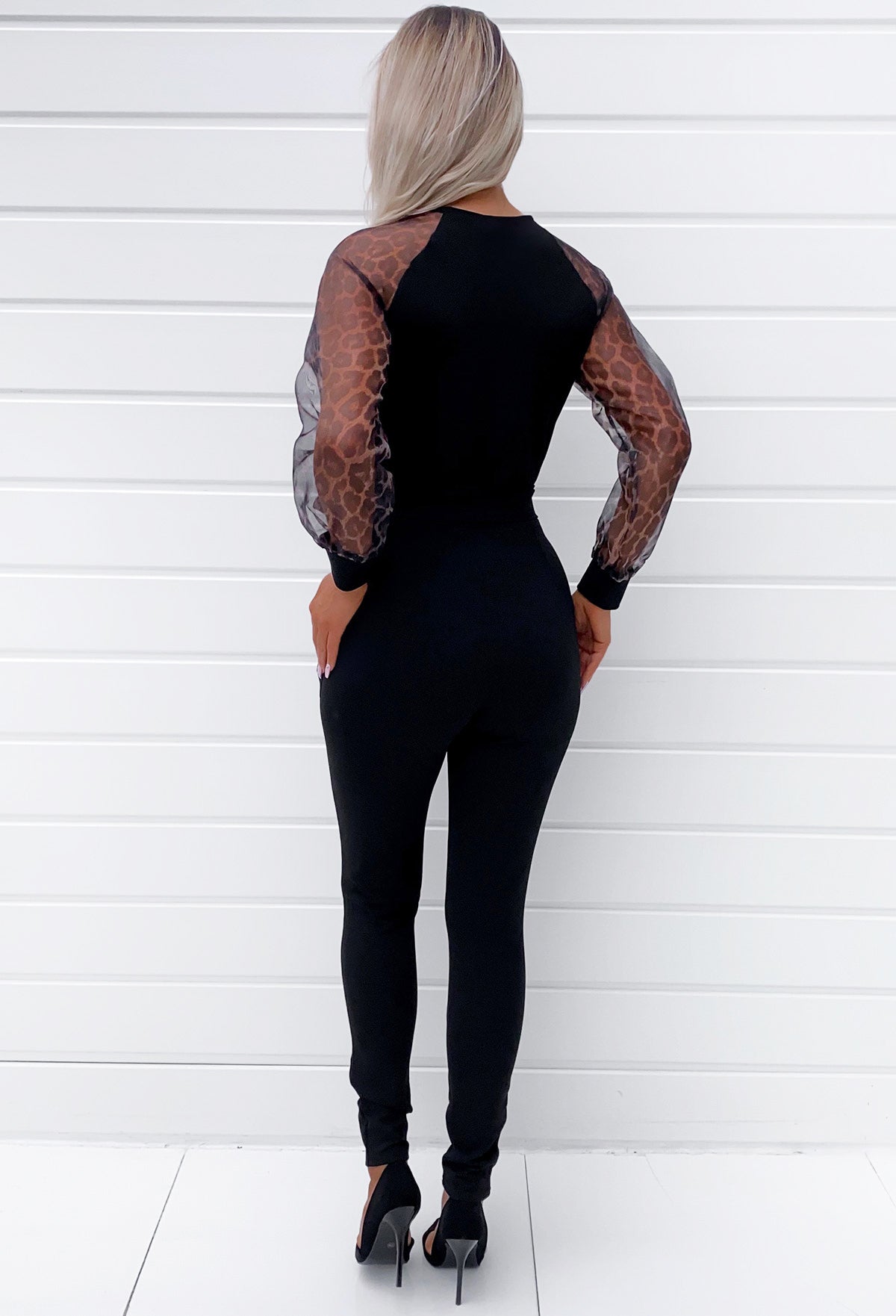 Animal Print Mesh Sleeve Jumpsuit