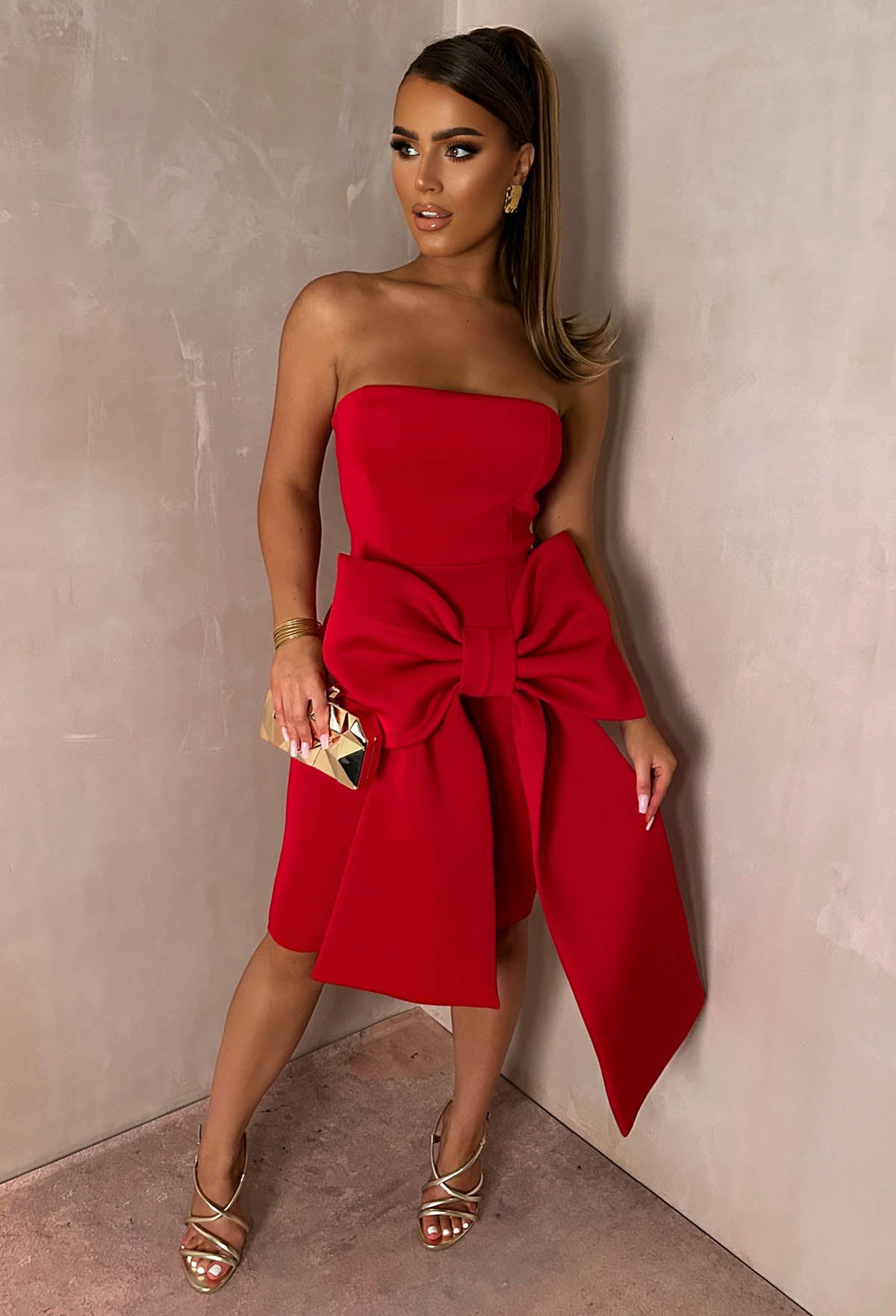 Classy Dream Red Bandeau Bow Skirt Midi Dress