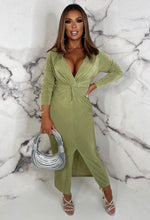Luxury Desire Green Stretch Soft Touch Long Sleeve Knot Front Midi Dress