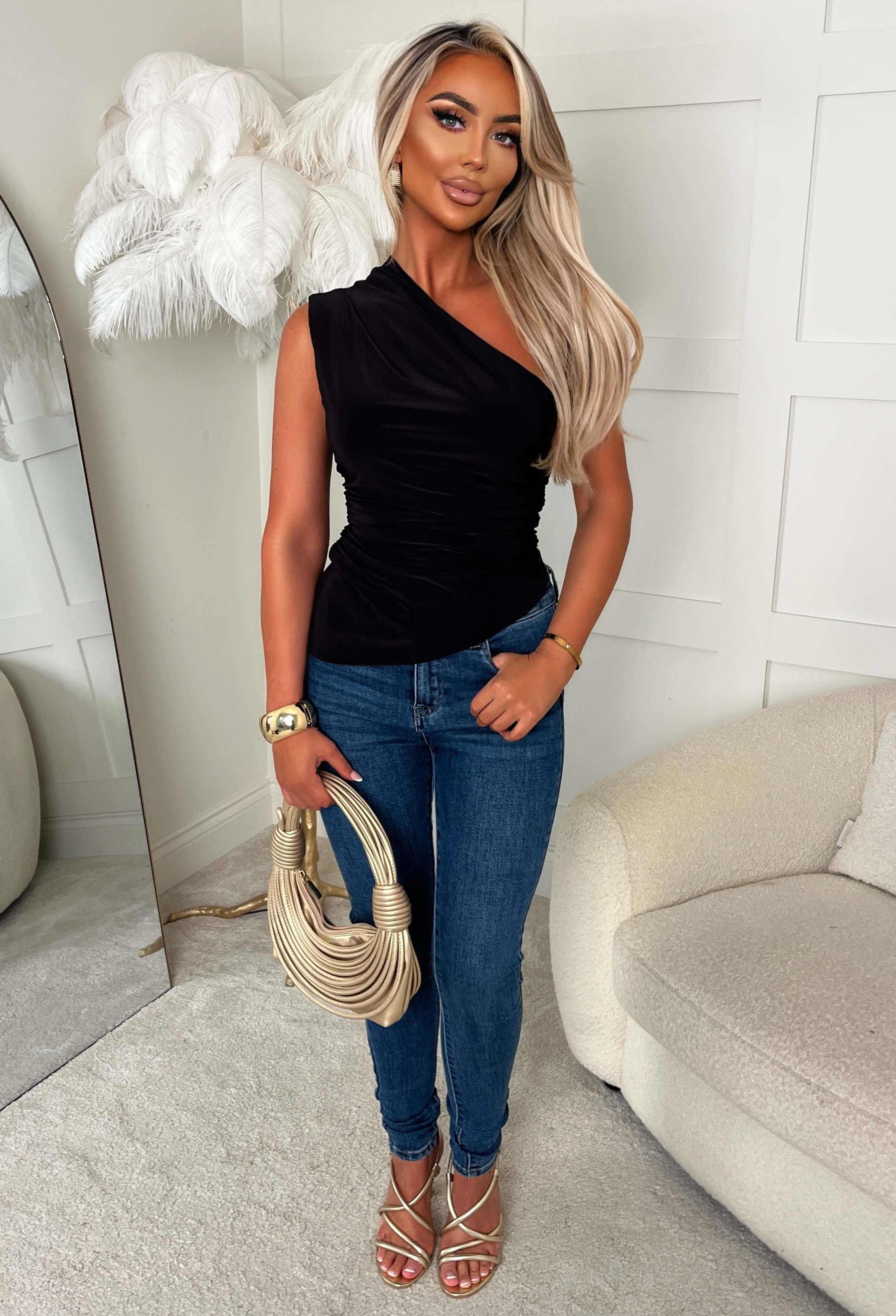 Want Her Black Jersey Ruched One Shoulder Top