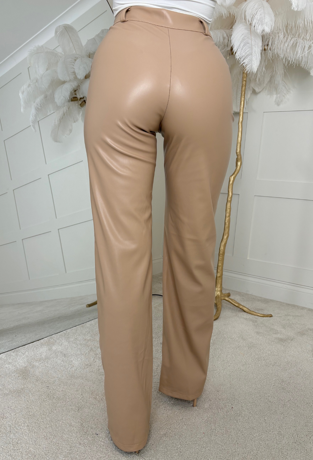 Luxe Destiny Beige Faux Leather Straight Leg Trousers