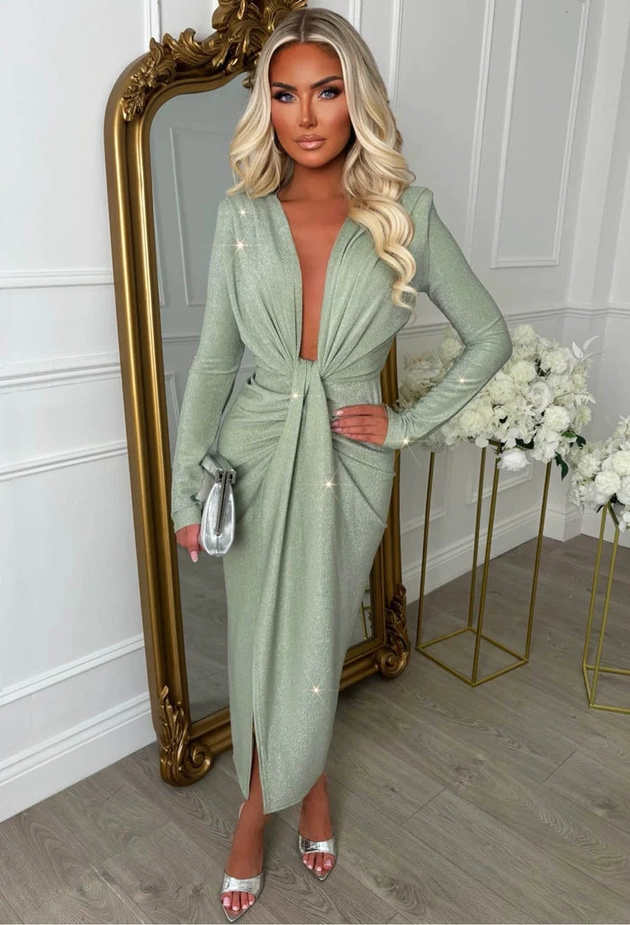 Cocktail Class Sage Green Lurex Plunge Long Sleeve Midi Dress