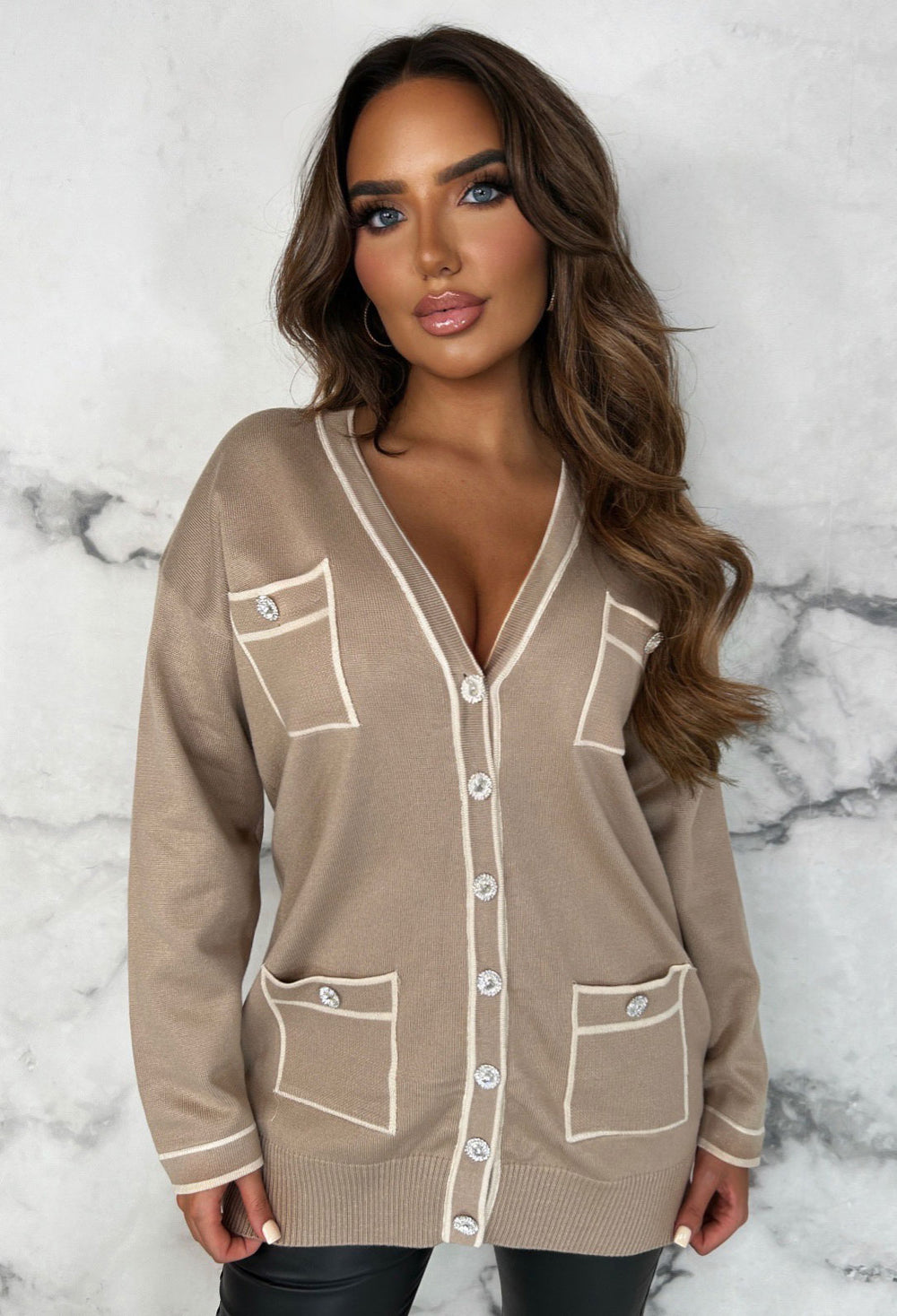 Busy Schedule Beige Luxury Oversized Cardigan With Top Stitch Detail