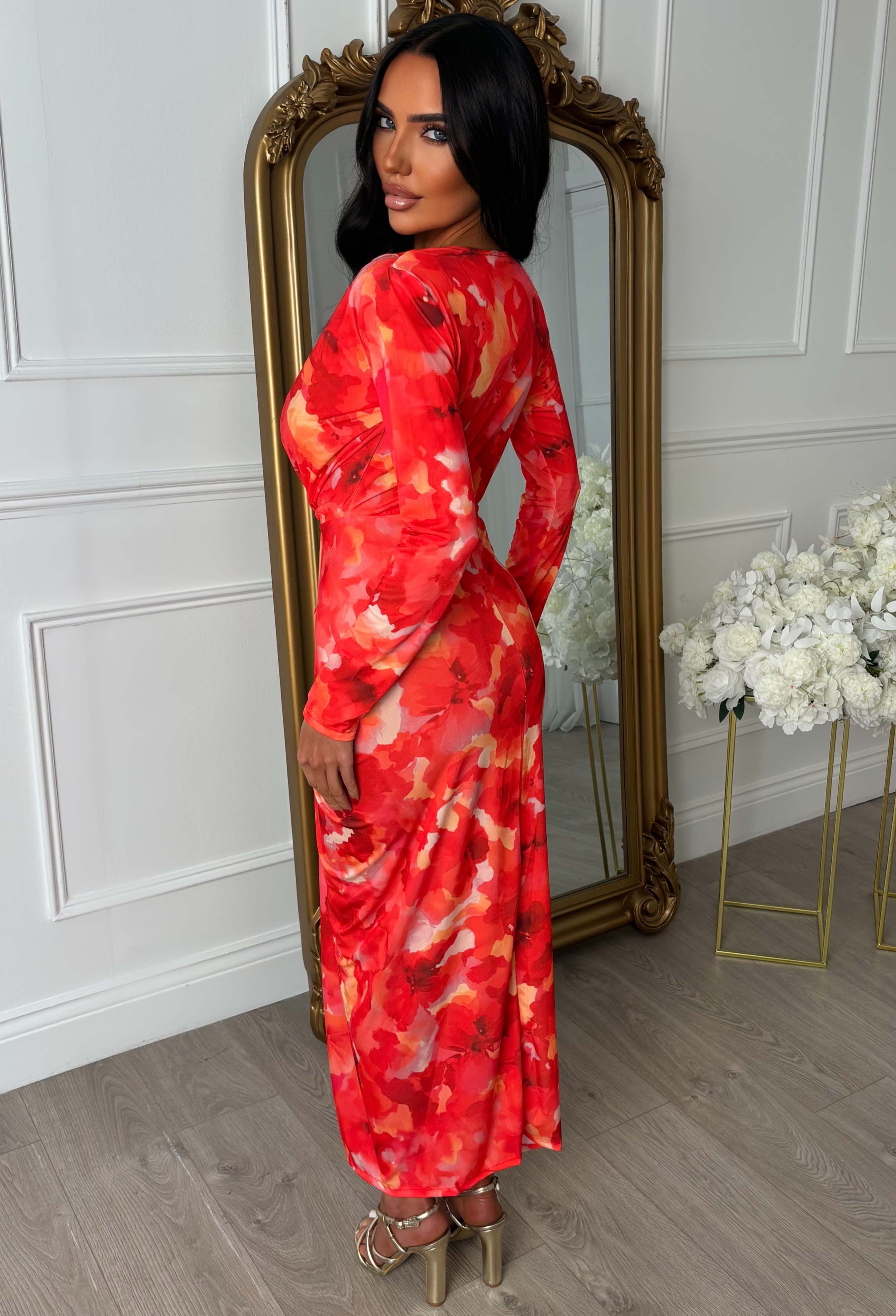 Pink Long Sleeve Plunge Ruched Abstract Print Midi Dress