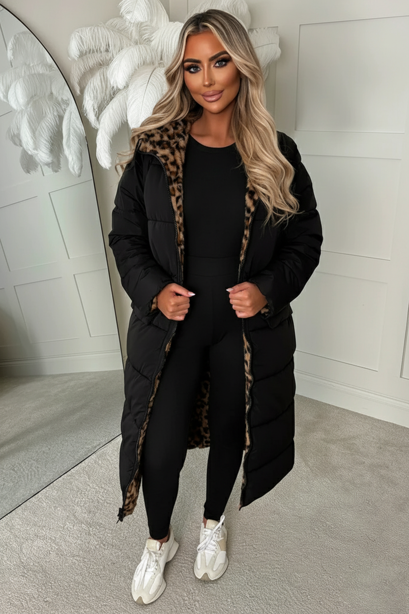 Double Trouble Leopard Reversible Borg Padded Puffer Coat