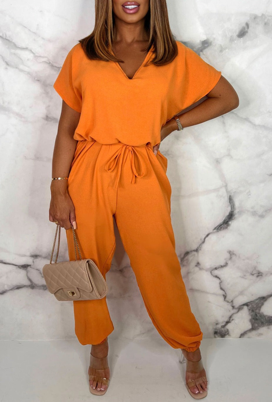 Everyday Elegance Orange Elasticated Hem Belted Jumpsuit