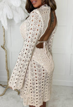 Boho Bliss Beige Crochet Backless Flared Sleeve Knitted Mini Dress