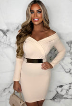 Out On The Town Nude Bardot Belted Bodycon Mini Dress