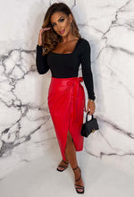 Boutique Attire Red Faux Leather Wrap Over Midi Skirt