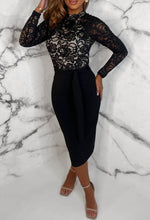 Luxury Sensation Black Long Sleeve Stretch Lace Belted Midi Dress