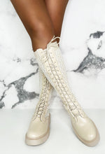 Quite Obsessed Cream Knitted Geometric Ankle Knee Boots