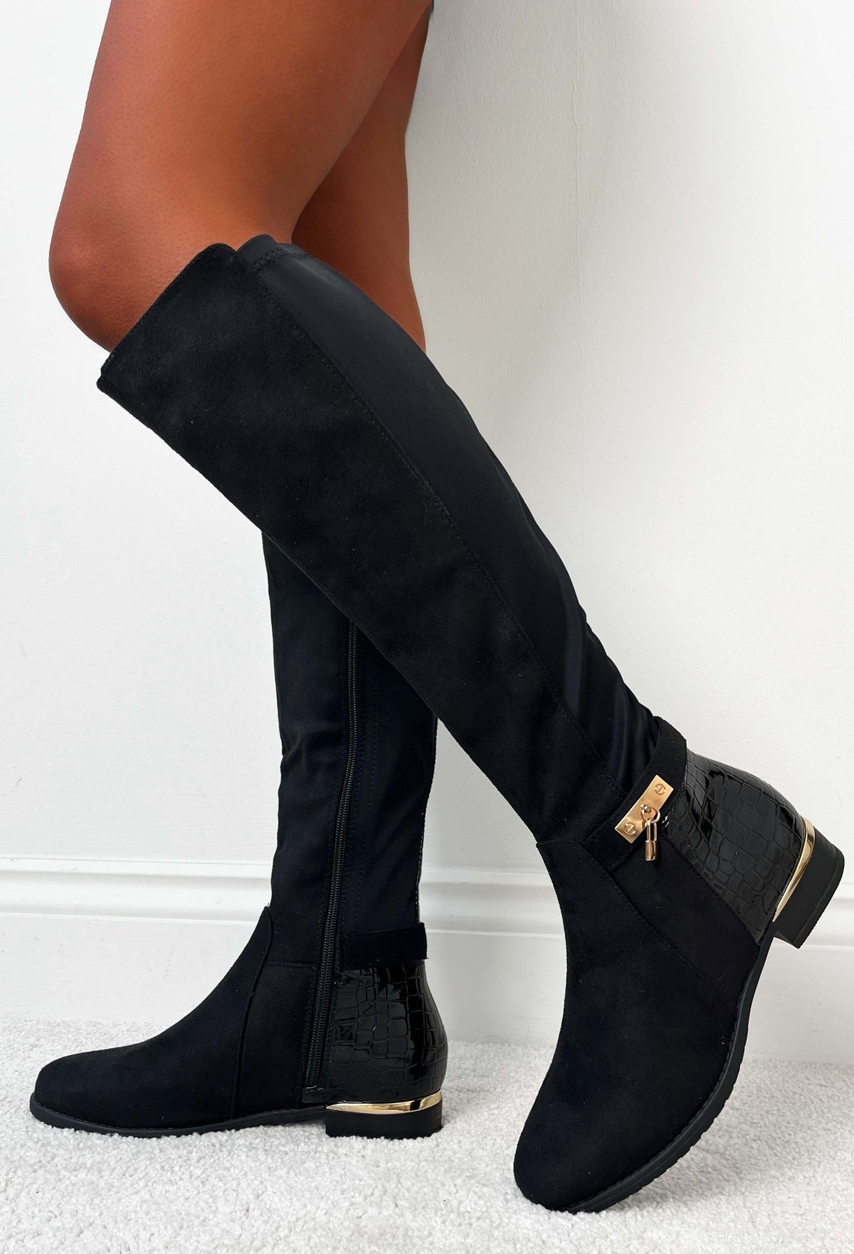 Riding High Black Faux Croc & Jersey Knee High Riding Boot | Pink Boutique