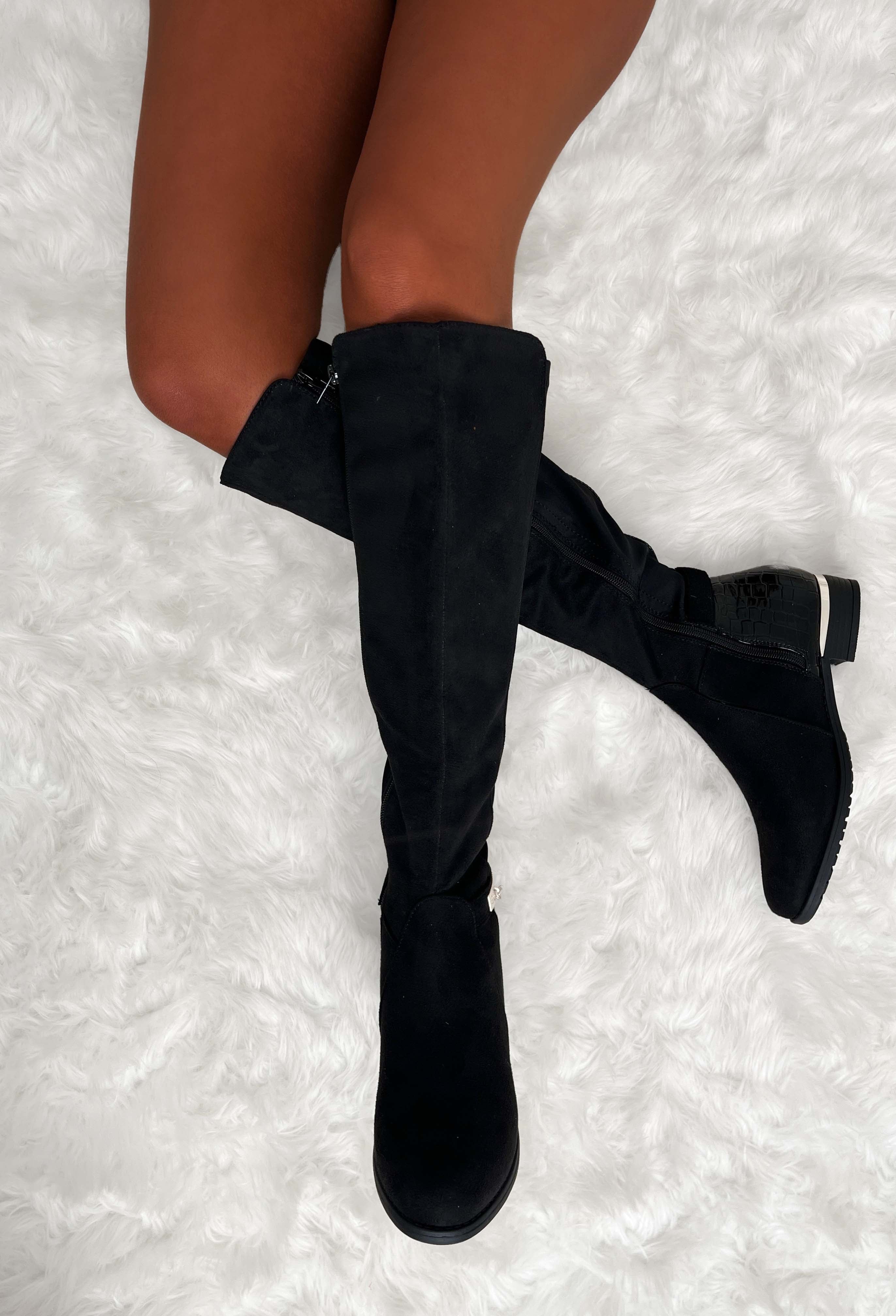 Riding High Black Faux Croc & Jersey Knee High Riding Boot