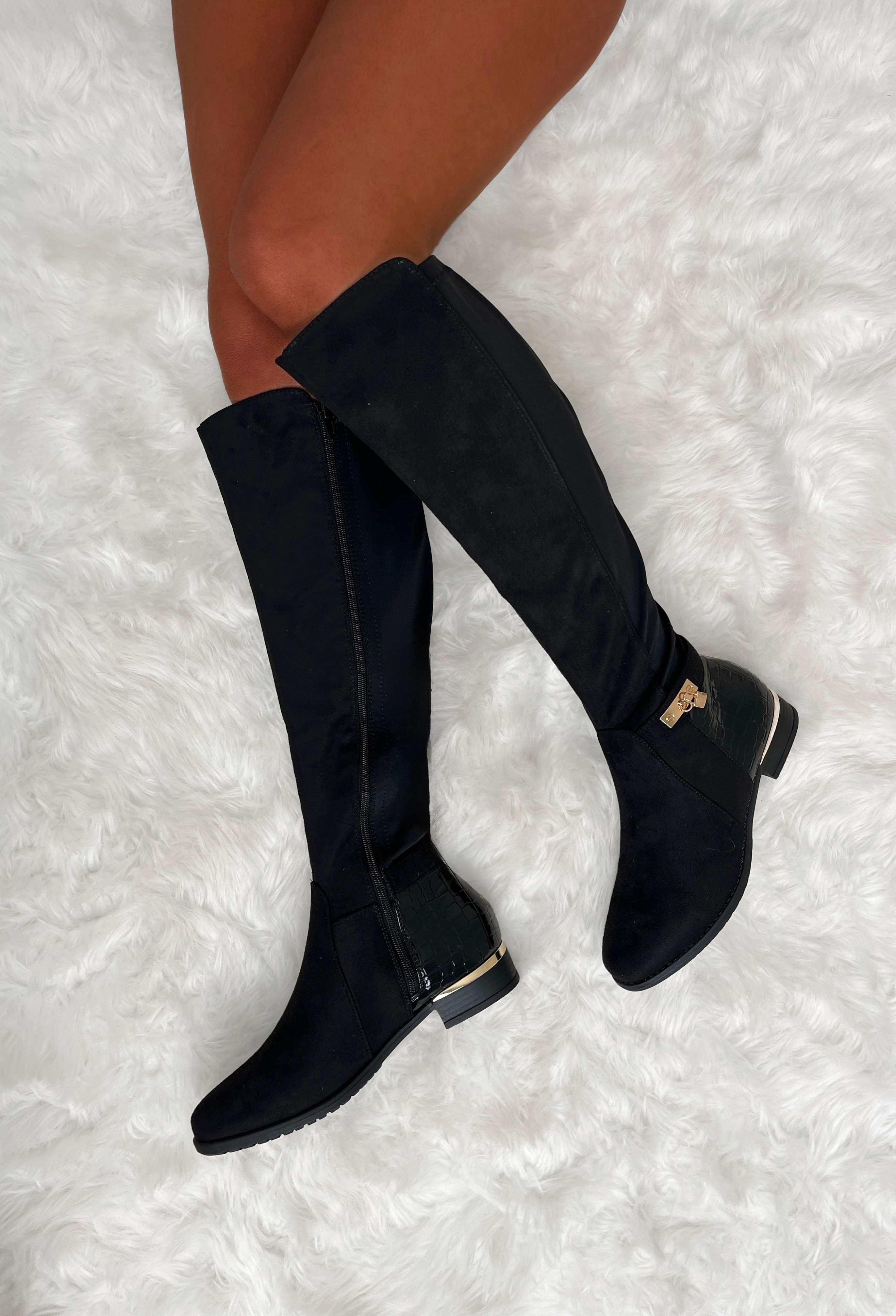 Riding High Black Faux Croc & Jersey Knee High Riding Boot