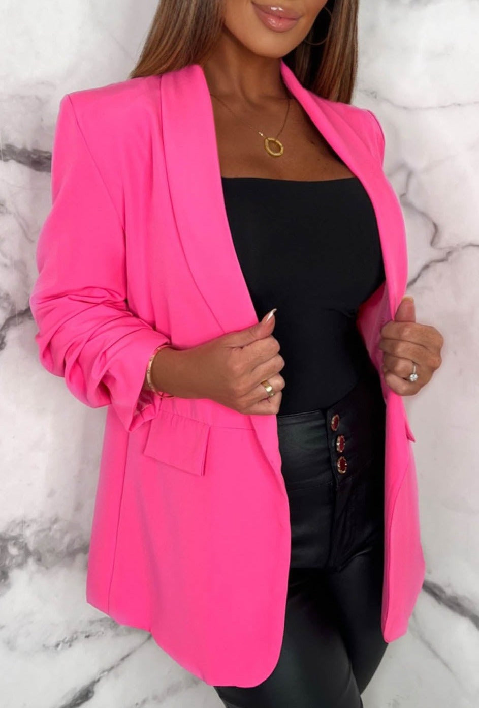 Always Iconic Hot Pink Shawl Ruched Sleeve Blazer