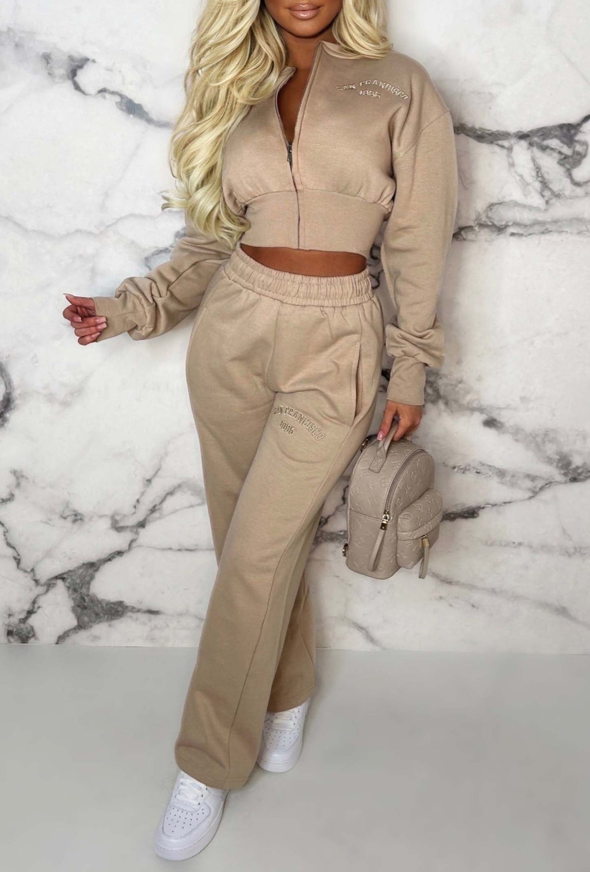 San Fran Dreaming Embroided Cropped Baseball Collar Two Piece Loungewear Set