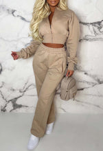 San Fran Dreaming Beige Embroided Cropped Baseball Collar Two Piece Loungewear Set