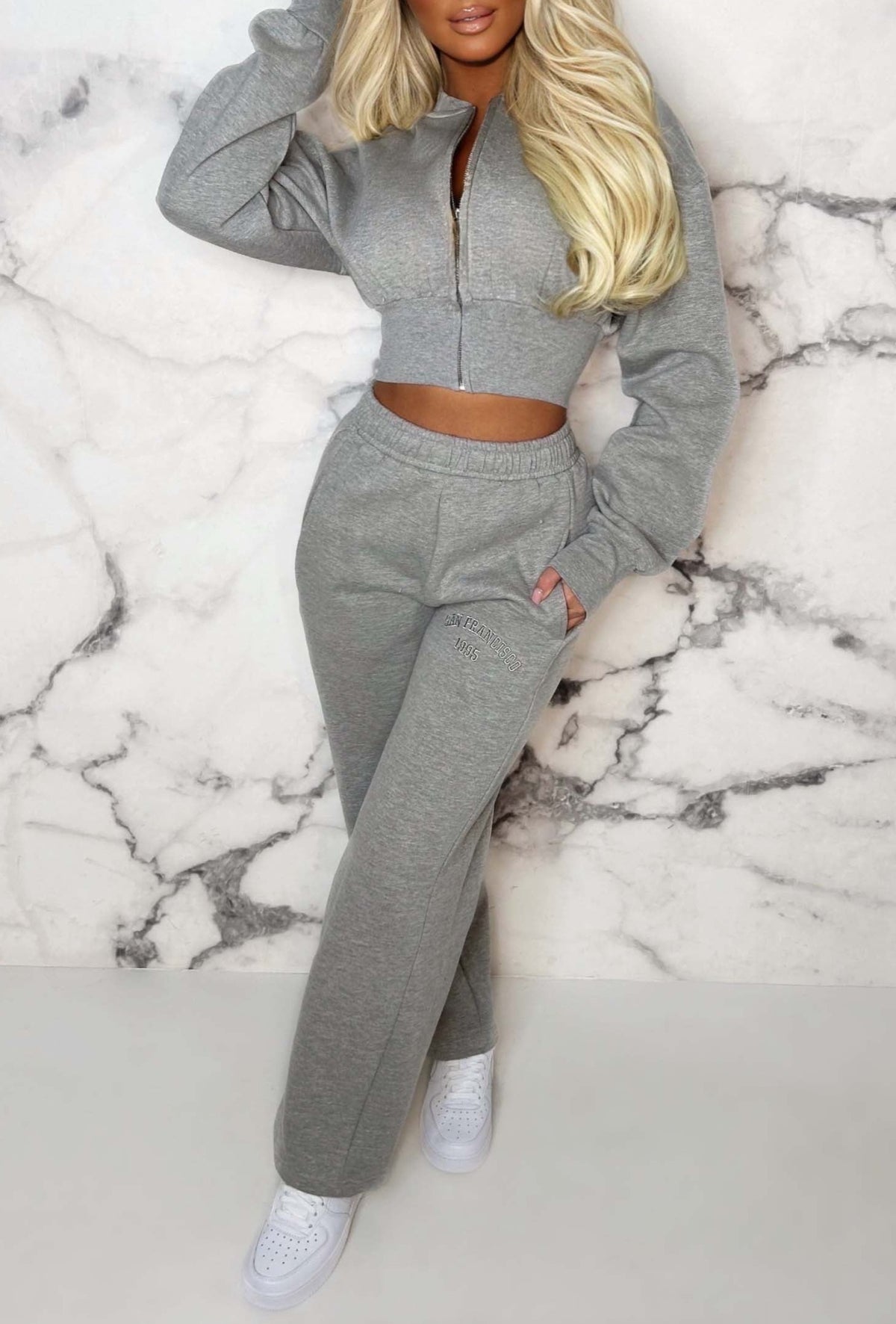 San Fran Dreaming Marl Embroided Cropped Baseball Collar Two Piece Loungewear