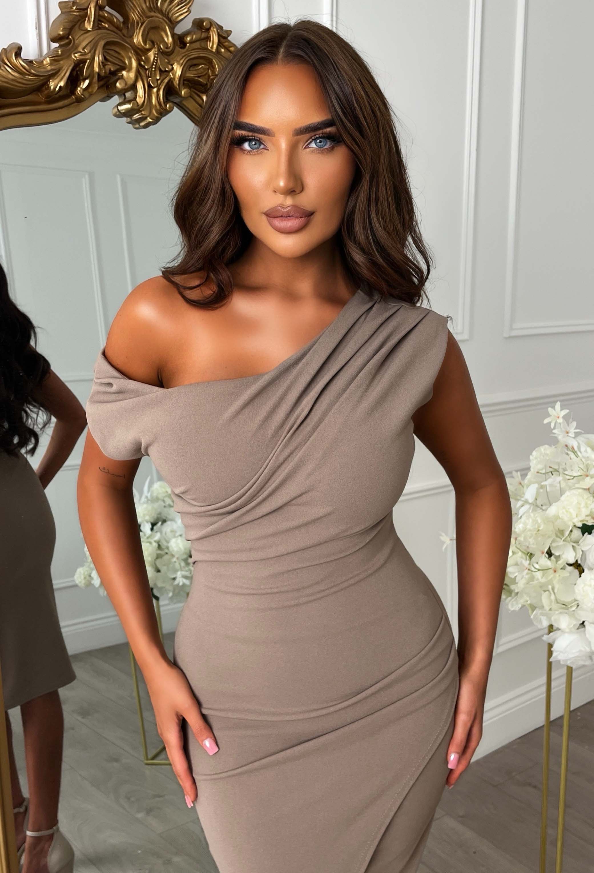 Stunning Sister Mocha Off Shoulder Ruched Midi Dress