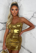 Golden Gala Gold Metallic Ruched Chain Strap Padded Cup Mini Dress Limited Edition