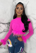 Flamingo Hot Pink Feather Trim Mesh Long Sleeve Top Limited Edition