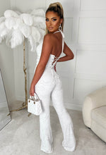 Mystic White Lace Halterneck Flared Tie Up Stretch Jumpsuit Limited Edition