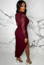 Lacy Dreamin Red Stretch Lace Long Sleeve Ruched Midi Dress