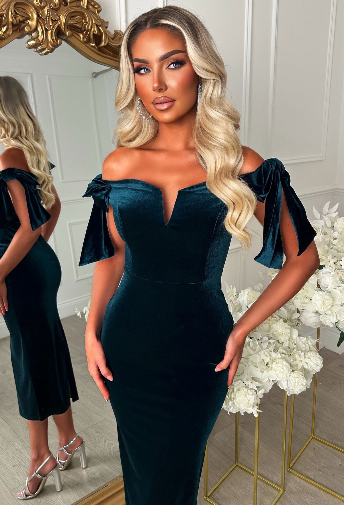 Tied With A Kiss Bottle Green Velvet Maxi Dress With Side Bow