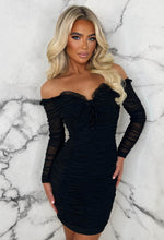 Be Irresistible Black Ruched Lace Up Bardot Mesh Mini Dress Limited Edition