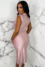Sleek Desire Pink High Neck Shoulder Padded Ruched Midi Dress