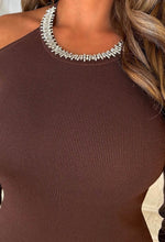 Look Luxury Chocolate Brown Cold Shoulder Diamante Neckline Knitted Dress