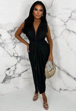 Cocktail Hour Black Stretch Sleeveless Plunge Ruched Midi Dress