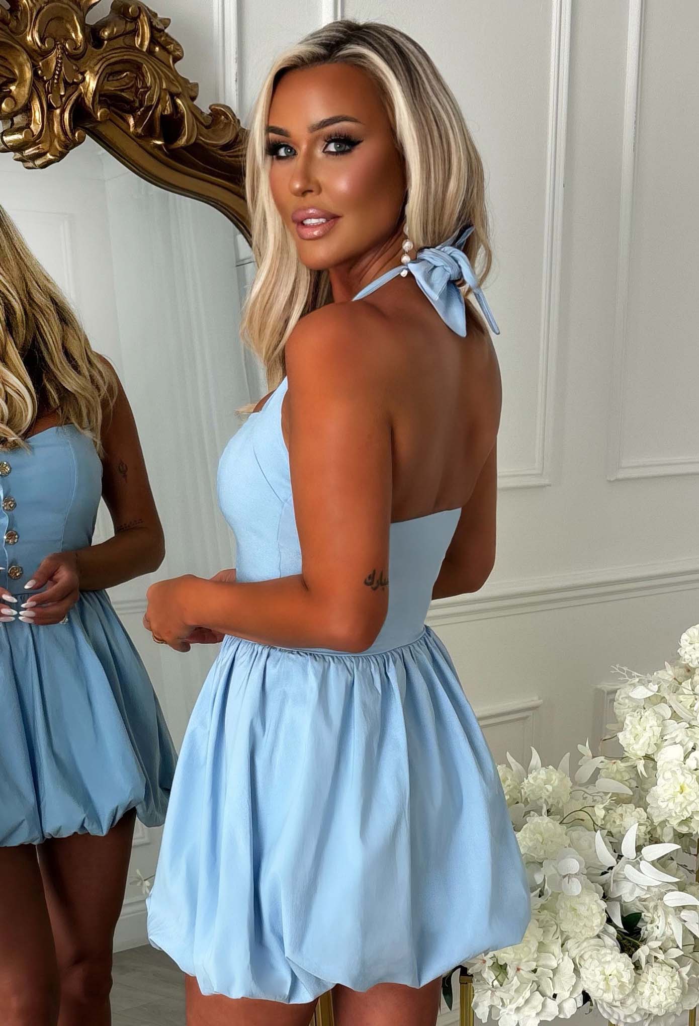 Vivi Blue Puff Ball Mini Dress | Pink Boutique