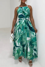 Pleated Perfection Green Marble Print Pleated Tie Waist Dress