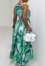 Pleated Perfection Green Marble Print Pleated Tie Waist Dress