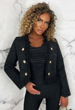 Exclusively Chic Black Tweed Collarless Tassel Cropped Jacket