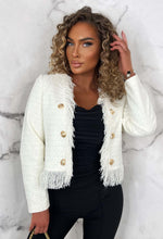 Exclusively Chic Cream Tweed Collarless Tassel Cropped Jacket