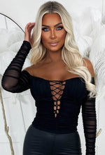 Perfect Without Trying Black Stretch Mesh Lace Up Bardot Top