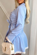 Lacy Love Blue Lace Trim Frilled Belted Shirt Dress