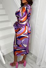 Chic Glamour Purple Marble Pattern Satin Knot Front Midi Dress