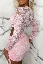 Laced Doll Pink Bodysuit And Ruched Skirt Stretch Lace Co-Ord Set