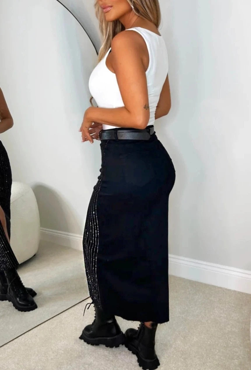 Black denim skirt set online